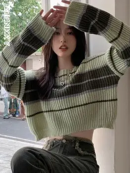 Y2K Корейский модный укороченный свитер Женский Harajuku Винтажный полосатый свободный джемпер Ретро полосатый контрастный пуловер Топы Kpop 2023