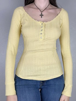 Yassiglia Женщины Y2K Эстетическая рубашка С длинным рукавом Slim Fit Укороченные топы 90-х годов E-Girl Grunge Top Симпатичные укороченные футболки Выход в свет Уличная одежда