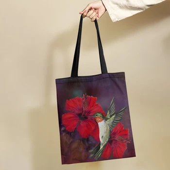 Yikeluo Колибри Гибискус 3D-печать Женская многоразовая сумка для покупок большой емкости Молодежная школьная сумка Ключ Холщ Сумка через плечо