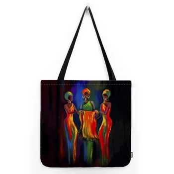 Абстрактная картина маслом Танцы Африка Женщина Современное искусство Африканская культура Тема Сумка через плечо Водостойкая льняная сумка для шоппера