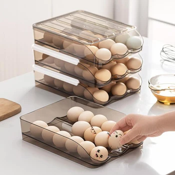 Автоматическая коробка для яиц на колесиках Многослойный держатель стойки для холодильника Коробка для хранения свежих продуктов Корзина для яиц Контейнеры для хранения Кухонные органайзеры