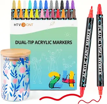 Акриловые ручки HTVRONT - 24 цветных акриловых маркера с двойным наконечником для раскрашивания взрослых, акриловые ручки с плавным потоком чернил, стираемые