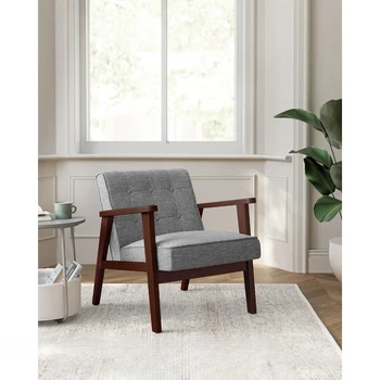 Акцентное кресло для отдыха, современное кресло середины века с подлокотниками и ножками из массива дерева, 1-местный мягкий диван, светло-серый