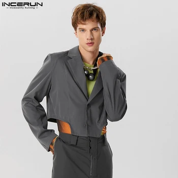 американский стиль красивый мужской укороченный однотонный пиджак с нерегулярным подолом повседневная мода с длинными рукавами пиджаки S-5XL INCERUN Топы 2023