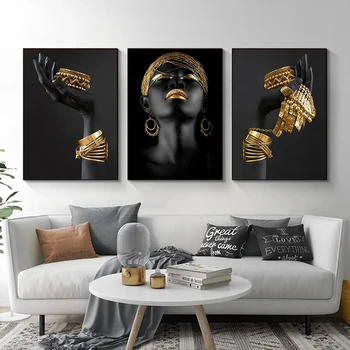 Африканская женщина Плакаты и принты Черная женщина Держащая золотые ювелирные изделия Холст Живопись Настенное искусство Картина для гостиной Домашний декор