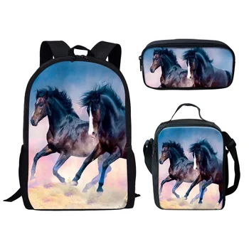 Бегущая лошадь 3 шт./комплект Школьные сумки 3D Животный принт Книжный рюкзак Школьная сумка большой емкости Подростки Девочки Мальчики Повседневный рюкзак