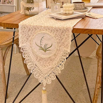 белый кружевной двухслойный бегун для стола французский пасторальный декор скатерть ландыш вышитый обеденный стол