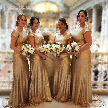 Блестящие золотые блестки Платья подружек невесты для свадебной вечеринки Блестящее формальное длинное вечернее платье с короткими рукавами для женщин