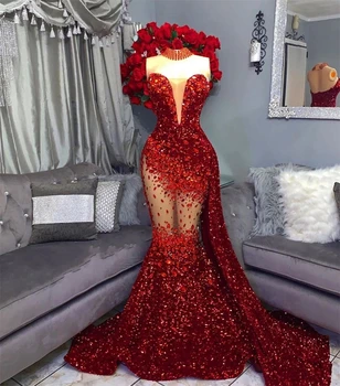 Блестящие красные пайетки Африканские вечерние платья Crystal Illusion Бисерные выпускные платья Aso Ebi Style Халаты ручной работы De Bal