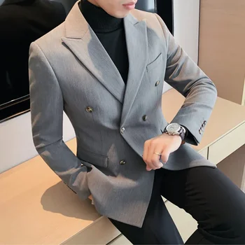 Британский стиль двубортные мужские пиджаки тонкий свадебный деловой повседневный костюм куртка гусиная лапка уличная одежда социальное пальто