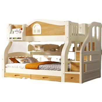 Детская кровать Двухъярусная кровать для мальчиков и девочек Бревно Белая двухслойная кровать