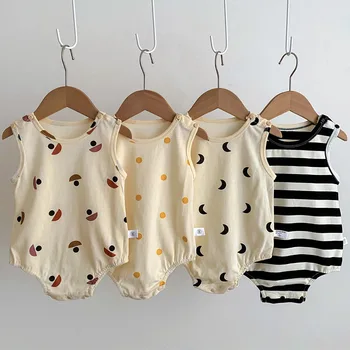 Детский комбинезон для новорожденных Боди для девочек и мальчиков Симпатичная летняя одежда с принтом 2023 года Комбинезон для малышей без рукавов Повседневные наряды для младенцев