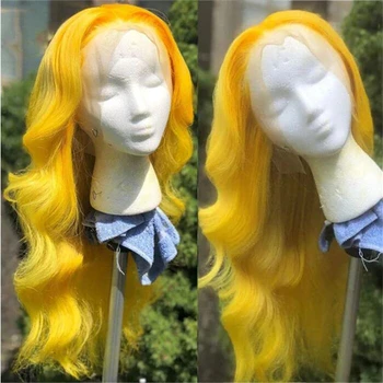Желтый мягкий 26-дюймовый длинный 180 плотности без клея предварительно выщипанный кружевной парик для тела для женщин с детскими волосами ежедневный косплей
