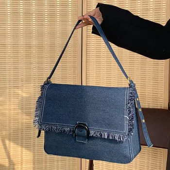 Женская джинсовая сумка большой емкости Винтажная короткая сумка с кисточками High Street Girls Женская сумка OL Commuter Shoulder Bag