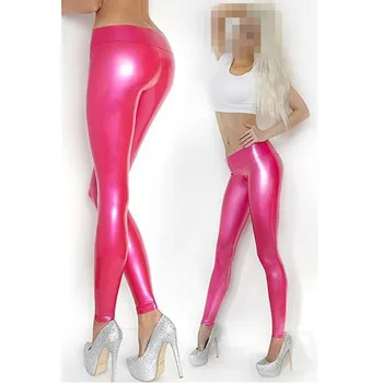 Женские латексные леггинсы с высокой талией, розово-красные брюки, узкие резиновые брюки, большие размеры
