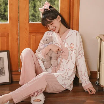 Женский пижамный комплект с длинными рукавами Пижамы 2 шт. Мягкая домашняя одежда Мультяшный принт Pjs Lounge Кимоно Топ с брюками Пижама женская