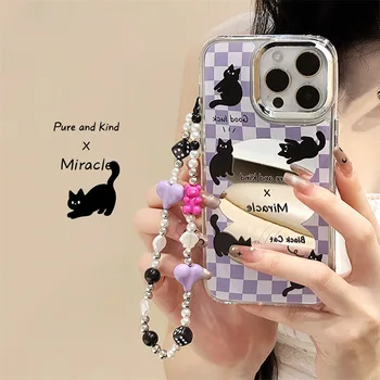Зеркальный фиолетовый плед черный кот прозрачный чехол для телефона браслет для iPhone 14 13 12 11 Pro Max Plus 13PRO 12PRO Жемчужный ремешок Задняя крышка