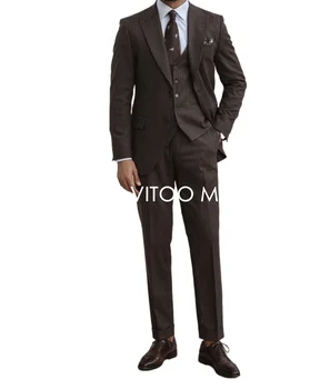 Зимние коричневые шерстяные полосатые мужские костюмы Формальный свадебный деловой блейзер / Смокинги Slim Fit Изготовленная на заказ мужская одежда / куртка + брюки + жилет