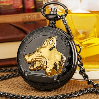 Золотая голова собаки Скульптура Дисплей Ретро Черные карманные часы Кварцевый механизм Римские цифры Белые руки Дисплей Ожерелье Часы