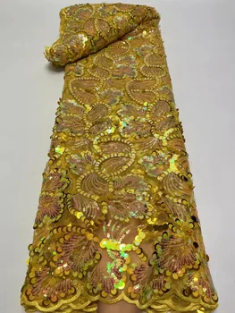  Золото Нигерийская высококачественная сетчатая кружевная ткань Африканские блестящие большие пайетки 5 ярдов тюль вышивка кружевная ткань для женщин вечернее платье