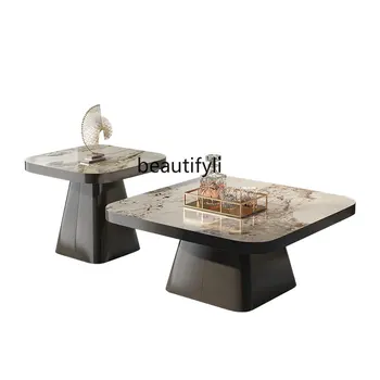 Итальянский минималистичный квадратный чайный столик Комбинированный размер гостиной Домашний чайный стол с каменной плитой