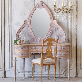 Кантри Туалетный столик из массива дерева Ручная резка Антикварное неоклассическое зеркало для макияжа Французский вход Lux Princess Туалетный столик