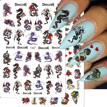 Китай Дракон Змея Готический Буквенный Стиль 3D Наклейки для ногтей Самоклеящиеся Слайдер Ногти Наклейки Обертывания Художественное украшение
