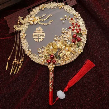 китайские винтажные круглые вентиляторы, веер из сплава в форме феникса, веер из золотого цветка с кисточкой, веер для свадебной группы невесты прочный