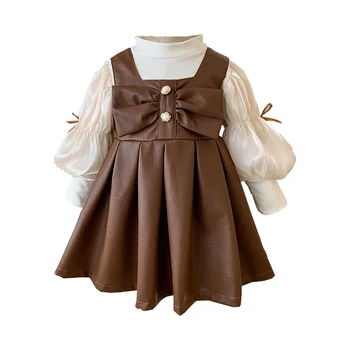 Комплект одежды для девочек для малышей Осень Весна Детская мода Детские платья Модные топы + Кожаное платье Юбка Детская рождественская одежда