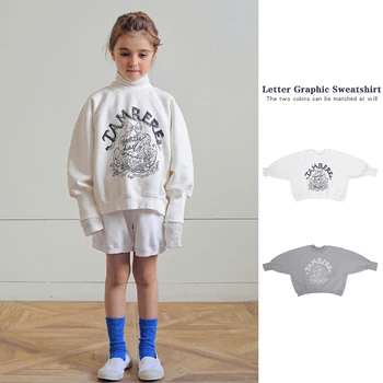 корейский ребенок осень универсальная футболка для девочек хлопок с принтом букв детская одежда новая девочка повседневные топы с длинным рукавом O-образным вырезом