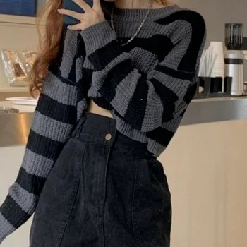 корейский стиль полосатый укороченный вязаный свитер женский винтажный джемпер с о-образным вырезом и длинным рукавом Y2K Топы Осень-зима