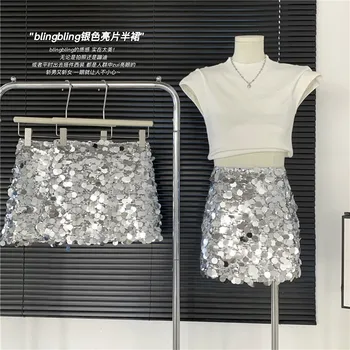 корейский стиль тяжелая крафтовая серебристая юбка с пайетками 2023 новый блестящий юбка с низкой талией юбка с пайетками выше колена, мини