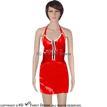 Красная и белая отделка Сексуальные латексные платья с разрезом сбоку Молния спереди Резиновый комбинезон BodyCon Униформа LYQ-0023