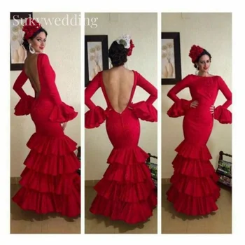 Красная русалка Испанские платья для выпускного вечера фламенко с длинными расклешенными рукавами Сетка с открытой спиной Сексуальные вечерние платья для торжественных случаев