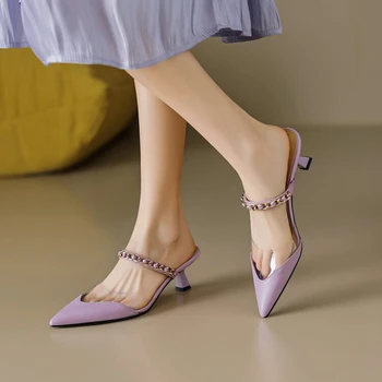 летние женские тапочки натуральная кожа обувь для женщин с острым носком на тонком каблуке мюли сексуальный высокий каблук женские сандалии с покрытием пальца ноги