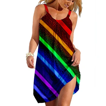 Летние радужные красочные платья-слинги для женщин 3d печать абстрактный градиент недоуздок сексуальный без рукавов приталенный пляжный платье женское