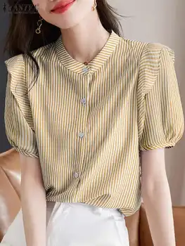 Летняя корейская модная полосатая блузка женская элегантная рубашка с коротким рукавом и оборками 2023 ZANZEA Стильные топы на пуговицах OL Work Blusas