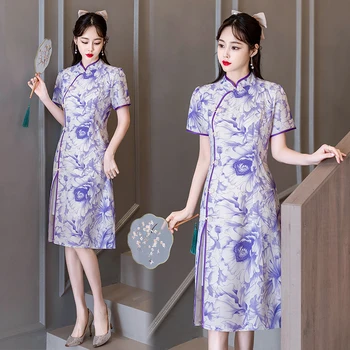 Лето Новый Улучшенный Молодой Чхонсам Традиционный Китайский Стиль Ретро Мода С Коротким Рукавом Qipao Платье CNY