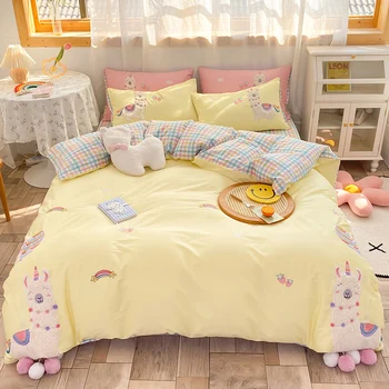 милый мультфильм альпака аппликация ребенок девочка 100% хлопок постельное белье одинарный двойной стеганый чехол кровать одеяло одеяло набор клетчатая простыня