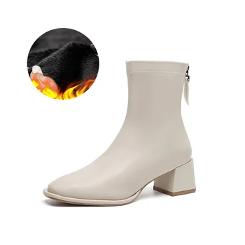 Мода Сапоги на высоком каблуке Женская зимняя обувь Модные женские ботильоны Теплые плюшевые женские туфли для вечеринок Квадратные каблуки 5 см A4825