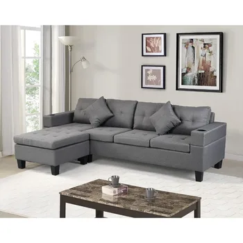 Модульный диван с L-образной гостиной, подстаканником и шезлонгом для левой и правой рук Современный 4-местный серый льняной тканевой ткань