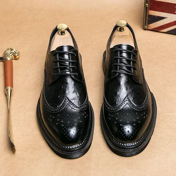 Мужская деловая кожаная обувь Обувь-брог Оксфорды на шнуровке Толстая мужская обувь Повседневная остроконечная удобная водонепроницаемая кожаная обувь
