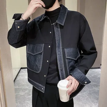 Мужская джинсовая куртка Черные сращенные мужские джинсовые пальто Широкие рукава Осень Корейская популярная одежда Цельный винтаж Большой размер Рок G L