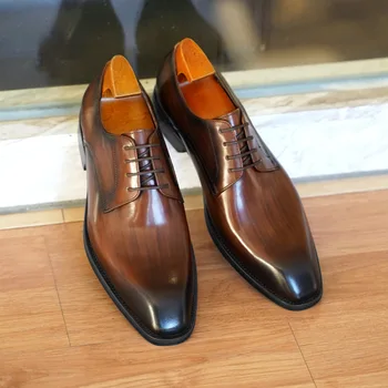 Мужская кожаная обувь платье Мода Ретро Дерби с квадратным носком и шнуровкой 2023 Удобный деловой свадебный смокинг Оксфордская обувь 남자 신발