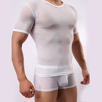 Мужские футболки Сетчатая прозрачная эластичная рубашка Дышащая нижняя рубашка без рукавов Красочные прозрачные фитнес-мышцы Синглет Пижамы A50