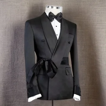 Мужской пиджак с однотонным черным поясом Двубортная шаль Лацкан Slim Fit Изготовленный на заказ свадебный костюм жениха Модный блейзер 2024