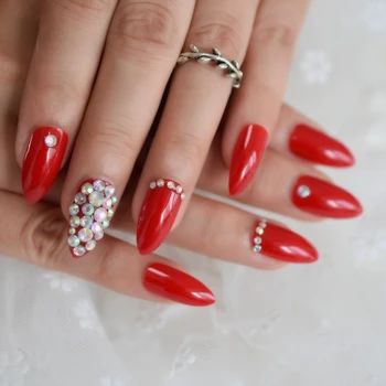 Надавить на накладные ногти Миндальная палочка на ногтях с камнями Глянцевые роскошные искусственные ногти с бриллиантовым дизайном для женщин и женщин