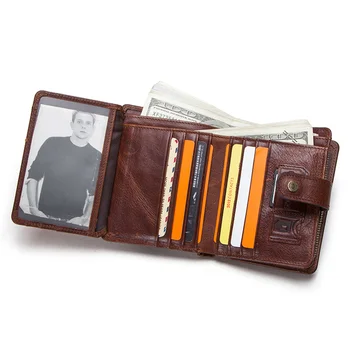 натуральная кожа RFID Винтажный кошелек Мужчины с карманом для монет Короткие кошельки Маленькие держатели карт на молнии Walet Мужской кошелек