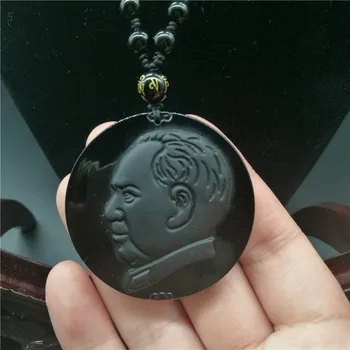 Натуральный черный камень Председатель Мао Лайк глава Кулон Бенминг годы талисман Ожерелье по уходу за телом