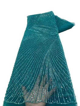 Новейшая африканская бусины ручной работы кружевная ткань нигерийские пайетки тюль кружевная ткань высокое качество 5 ярдов для свадебного платья YY424